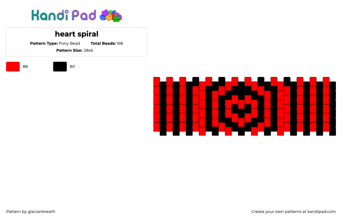 heart spiral - Pony Bead Pattern by glacianbreath on Kandi Pad - spiral,heart,stripes,cuff,black,red