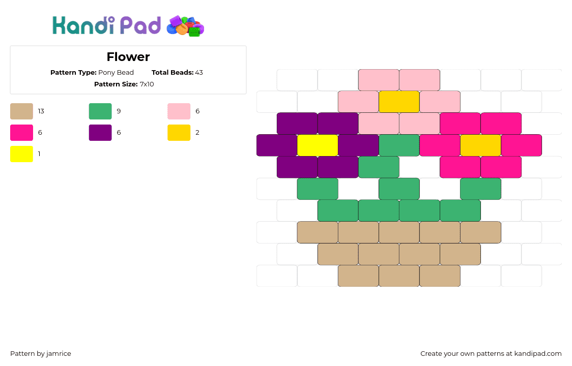 Flower - Pony Bead Pattern by jamrice on Kandi Pad - flowers,pot,plants,garden,nature,simple,spring,colorful,tan,green,pink,purple