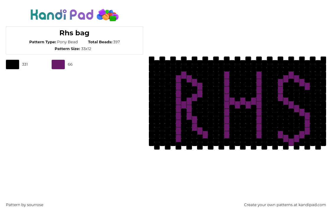 Rhs bag - Pony Bead Pattern by sourrose on Kandi Pad - rhs,text,panel,bag,black,purple