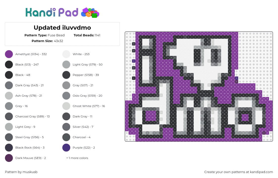 Updated iluvvdmo - Fuse Bead Pattern by muskusb on Kandi Pad - dmo,love,heart,text,white,purple