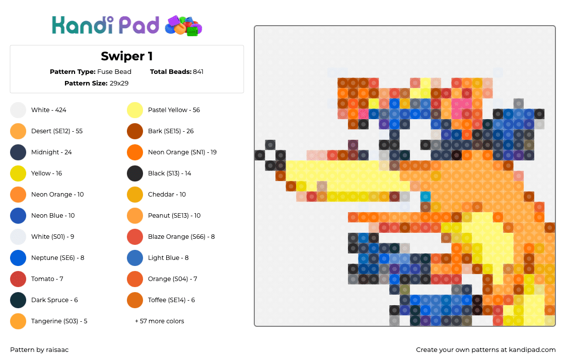 Swiper 1 - Fuse Bead Pattern by raisaac on Kandi Pad - swiper,dora the explorer,fox,cartoon,character,children,tv show,orange,blue