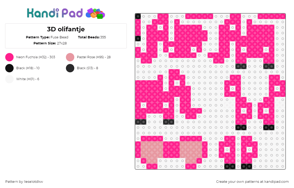 3D olifantje - Fuse Bead Pattern by lieselotdkw on Kandi Pad - elephant,3d,animal,puzzle,pink