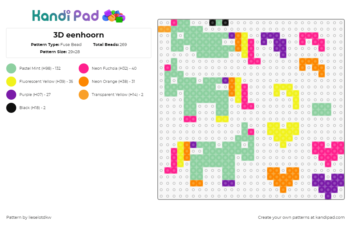 3D eenhoorn - Fuse Bead Pattern by lieselotdkw on Kandi Pad - unicorn,3d,neon,colorful,cute,bright,green,pink,yellow