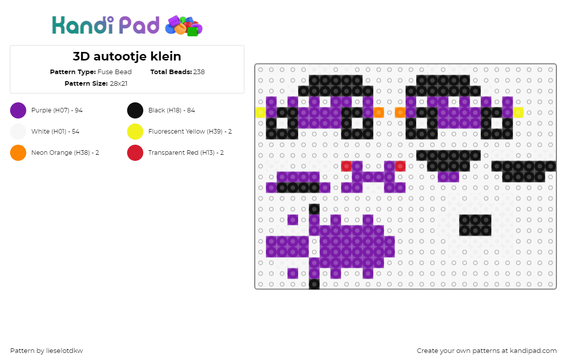 3D autootje klein - Fuse Bead Pattern by lieselotdkw on Kandi Pad - car,automobile,vehicle,3d,puzzle,purple,black