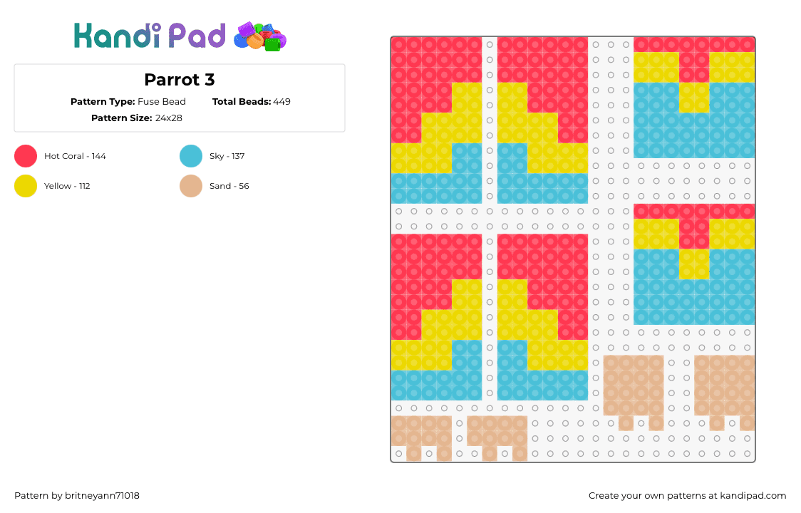 Parrot 3 - Fuse Bead Pattern by britneyann71018 on Kandi Pad - parrot,3d,bird,puzzle,animal,colorful,pink,yellow,light blue