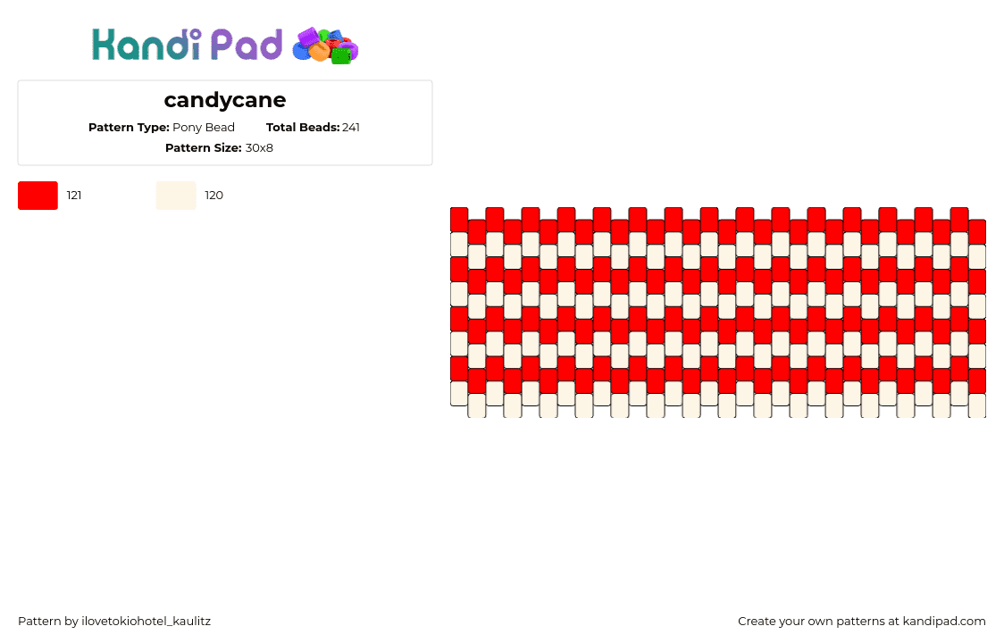 candycane - Pony Bead Pattern by ilovetokiohotel_kaulitz on Kandi Pad - candy cane,horizontal,stripes,christmas,festive,cuff,red,beige,white