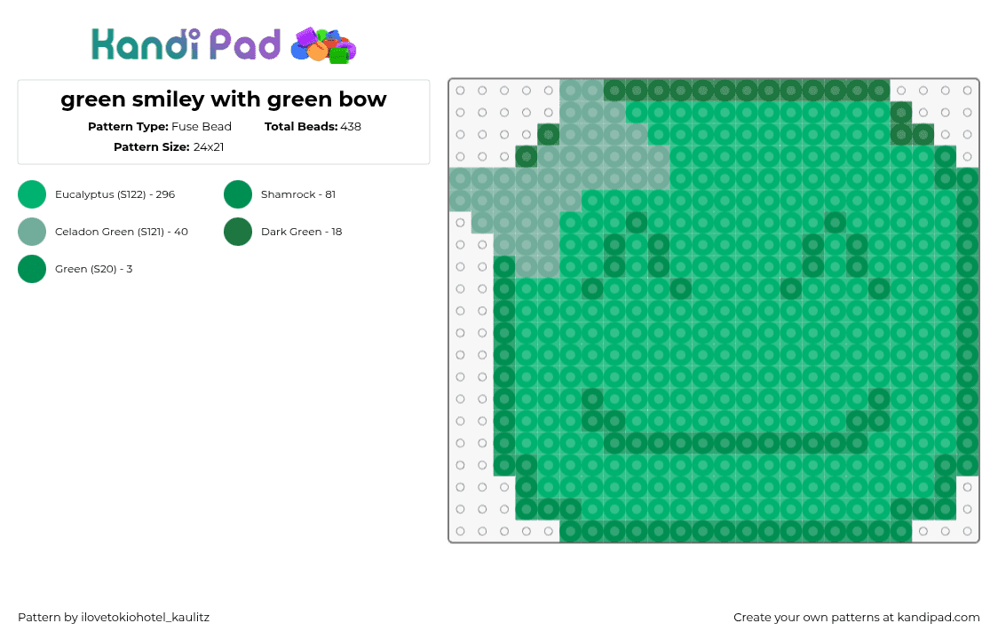 green smiley with green bow - Fuse Bead Pattern by ilovetokiohotel_kaulitz on Kandi Pad - smiley,emoji,cute,simple,green