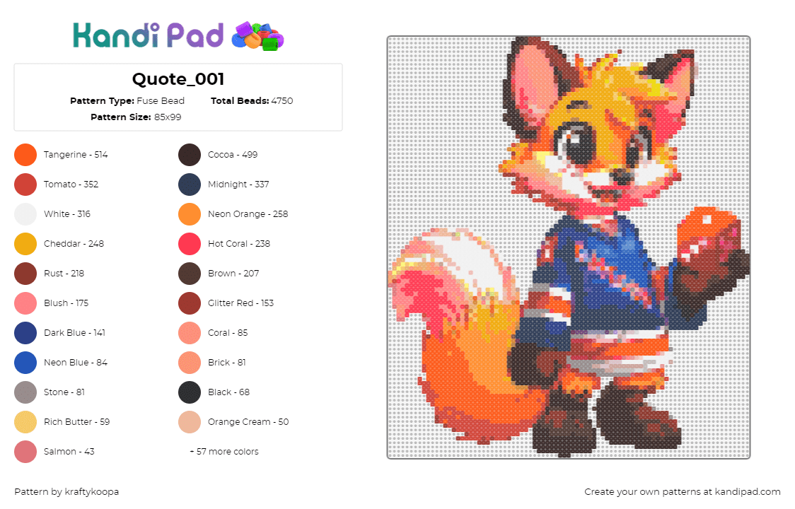 Quote_001 - Fuse Bead Pattern by kraftykoopa on Kandi Pad - cusecon,fox,dice,character,cute,animal,gaming,orange,blue