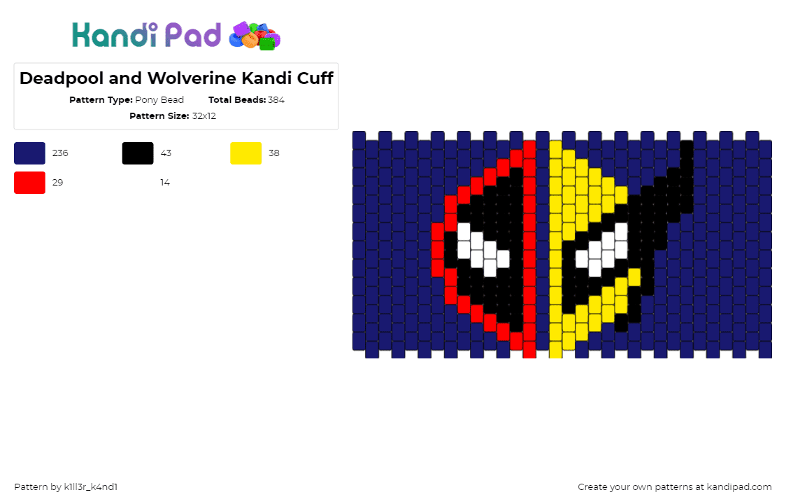 Deadpool and Wolverine Kandi Cuff - Pony Bead Pattern by k1ll3r_k4nd1 on Kandi Pad - deadpool,wolverine,superhero,xmen,marvel,comic,cuff,blue,red,yellow