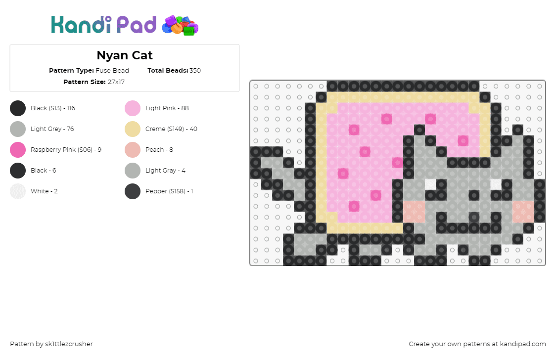 Nyan Cat - Fuse Bead Pattern by sk1ttlezcrusher on Kandi Pad - nyan cat,poptart,meme,character,cute,gray,pink