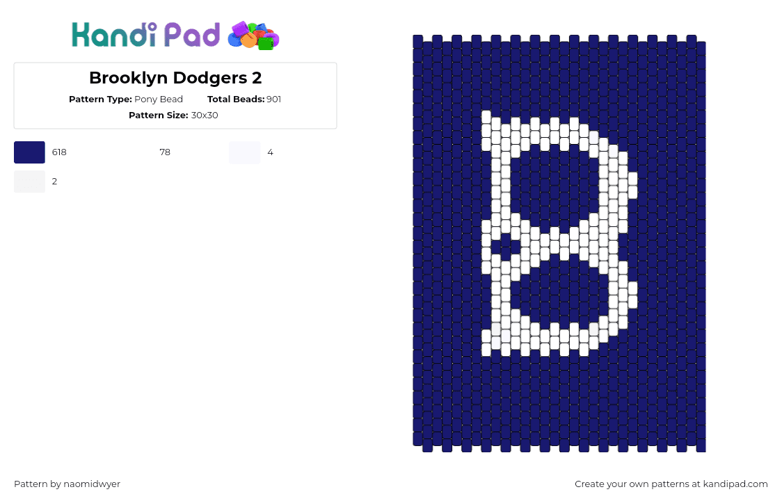 Brooklyn Dodgers 2 - Pony Bead Pattern by naomidwyer on Kandi Pad - dodgers,brooklyn,baseball,logo,panel,sports,team,blue,white