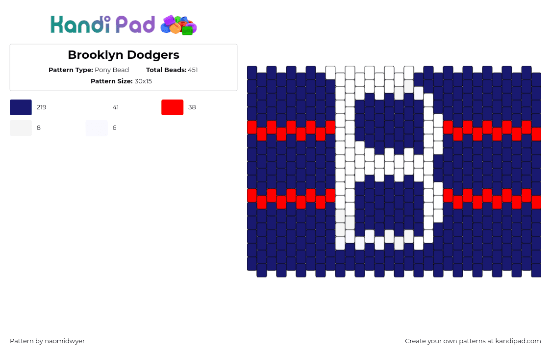 Brooklyn Dodgers - Pony Bead Pattern by naomidwyer on Kandi Pad - dodgers,brooklyn,baseball,logo,cuff,sports,team,blue,white