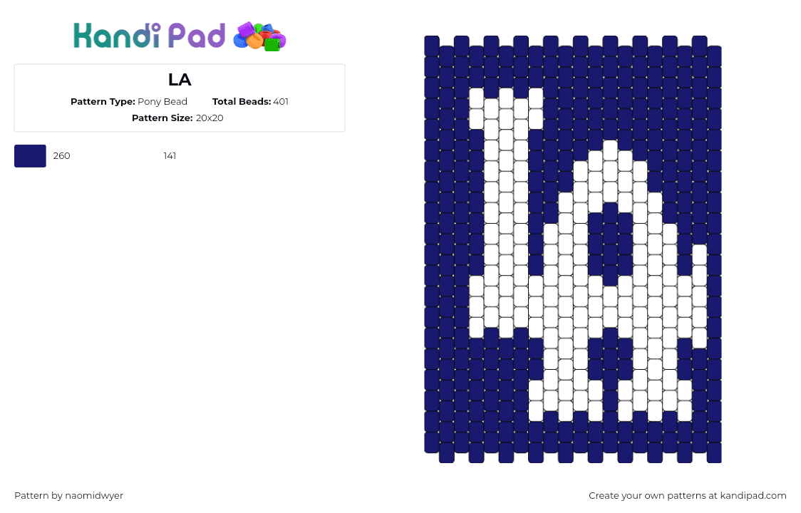 LA - Pony Bead Pattern by naomidwyer on Kandi Pad - dodgers,los angeles,logo,panel,baseball,sports,team,white,blue