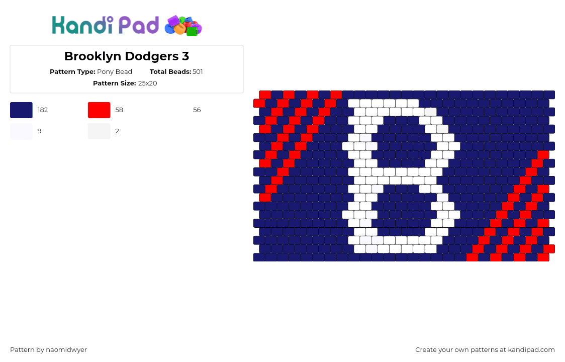 Brooklyn Dodgers 3 - Pony Bead Pattern by naomidwyer on Kandi Pad - dodgers,brooklyn,logo,baseball,team,sports,text,cuff,blue,white,red