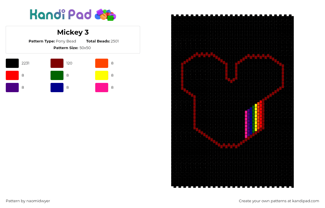 Mickey 3 - Pony Bead Pattern by naomidwyer on Kandi Pad - mickey mouse,disney,panel,dark,head,black,red