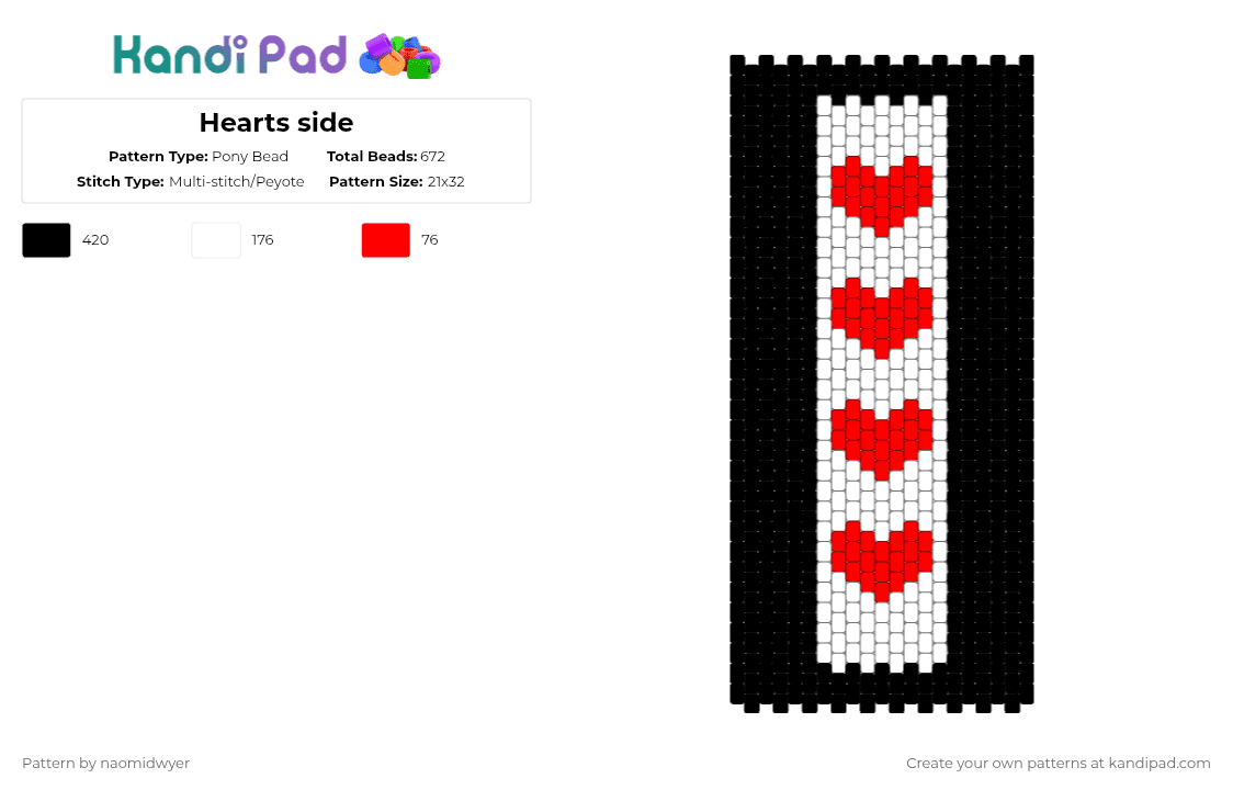 Side Pade Pattern Hearts side Pony Bead Pattern - Kandi Pad | Kandi Patterns, Fuse Bead ...