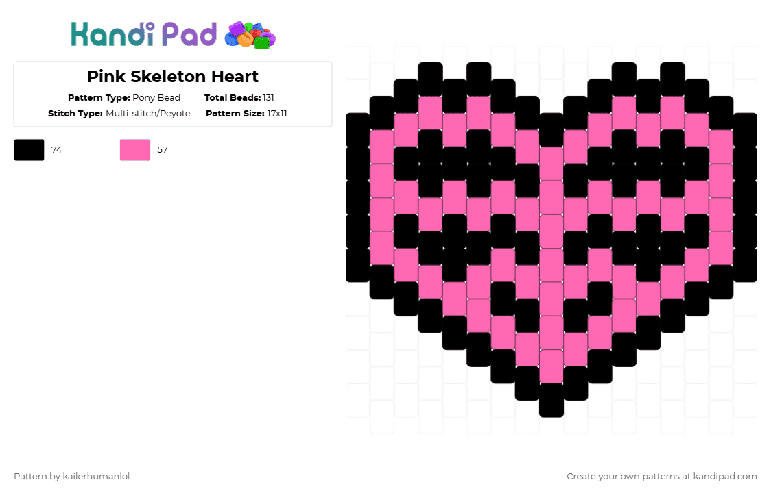 Pink Skeleton Heart - Pony Bead Pattern by kailerhumanlol on Kandi Pad - black,pink,heart,skeleton,skeleton heart,cute,alt,y2k