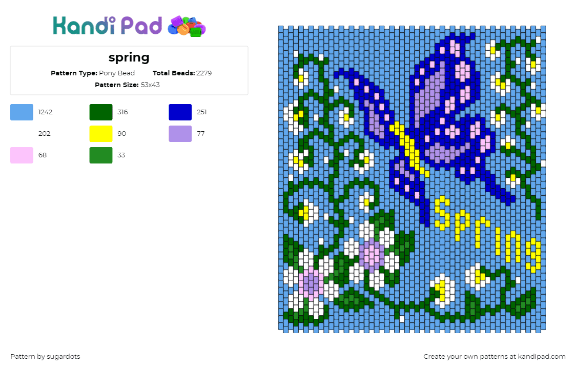 spring - Pony Bead Pattern by sugardots on Kandi Pad - spring,butterfly,flowers,vine,panel,nature,bloom,purple,blue,light blue,yellow,green