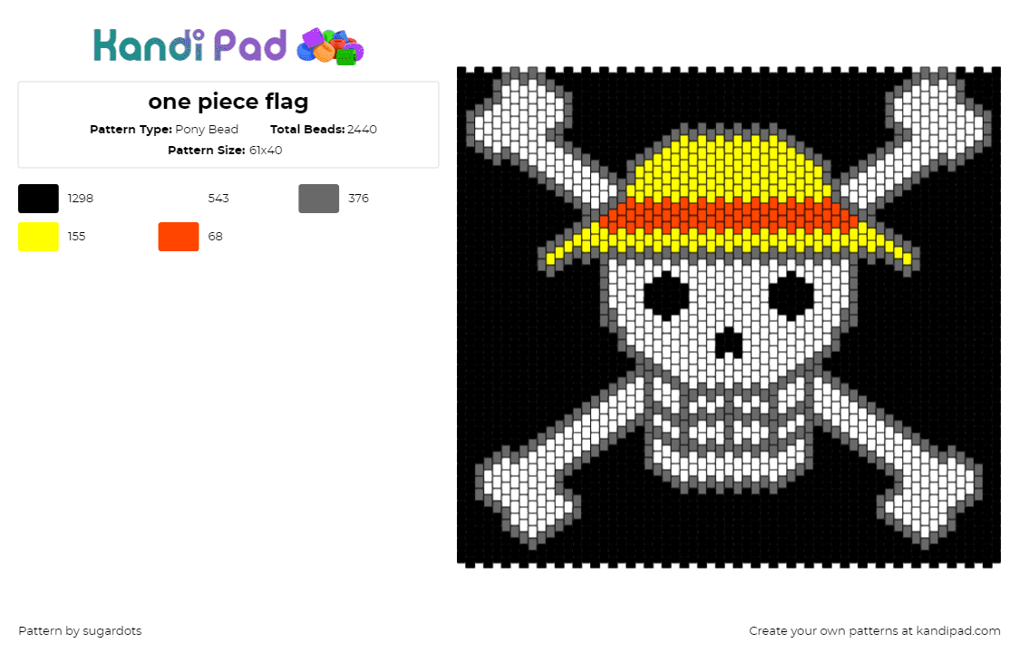 one piece flag - Pony Bead Pattern by sugardots on Kandi Pad - jolly roger,one piece,flag,skull,crossbones,anime,tv show,hat,white,black,yellow