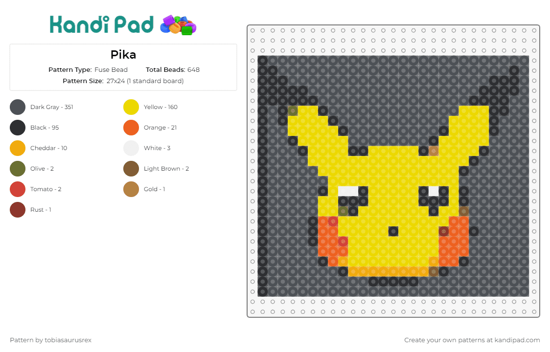 Pika - Fuse Bead Pattern by tobiasaurusrex on Kandi Pad - pikachu,pokemon,anime