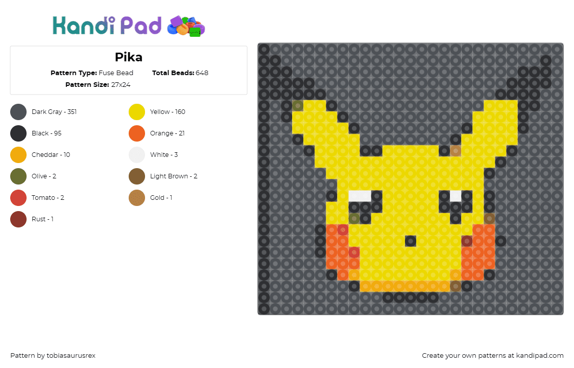 Pika - Fuse Bead Pattern by tobiasaurusrex on Kandi Pad - pikachu,pokemon,anime