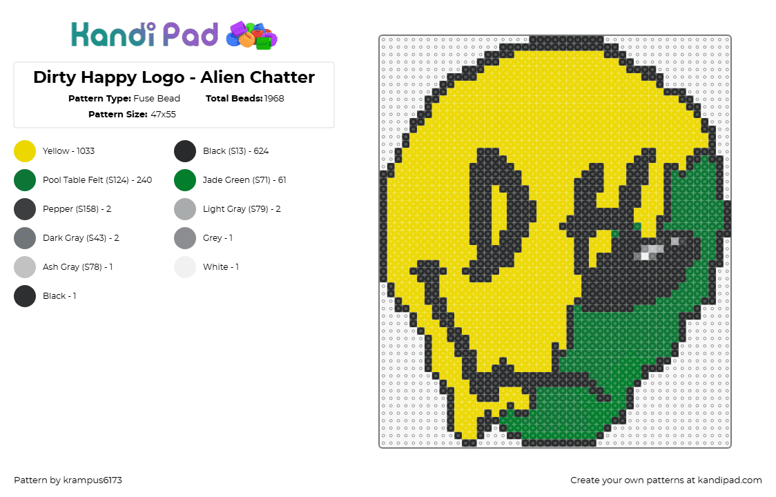 Dirty Happy Logo - Alien Chatter - Fuse Bead Pattern by krampus6173 on Kandi Pad - dirty happy,alien,smiley,melting,trippy,dj,edm,music,logo,yellow,black,green