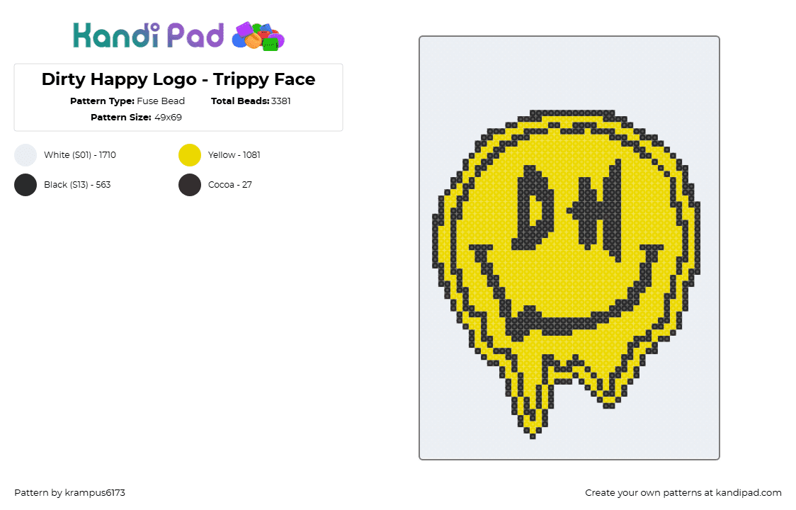 Dirty Happy Logo - Trippy Face - Fuse Bead Pattern by krampus6173 on Kandi Pad - dirty happy,smiley,melting,trippy,dj,edm,music,logo,yellow,black