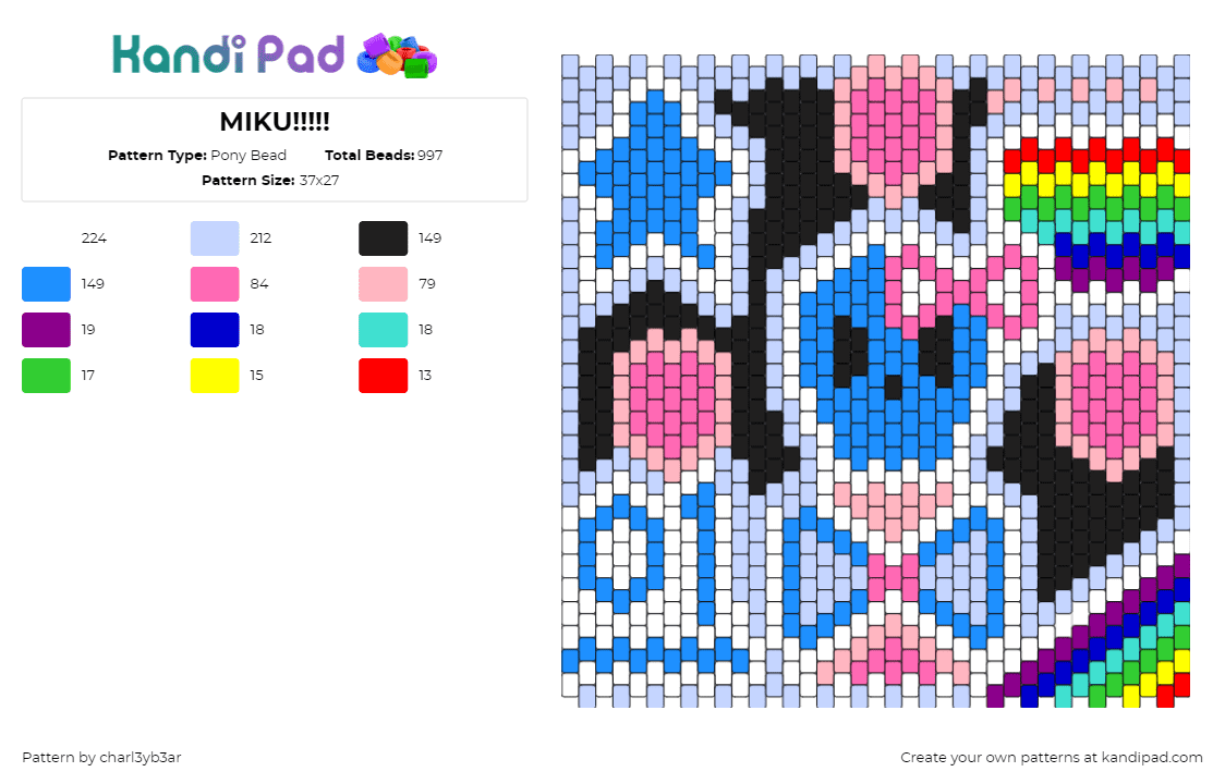 MIKU!!!!! - Pony Bead Pattern by charl3yb3ar on Kandi Pad - hatsune miku,skull,bow,panel,bag,vocaloid,music,colorful,pink,blue,black