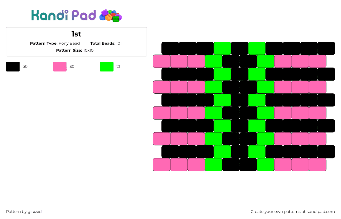 1st - Pony Bead Pattern by girxzxd on Kandi Pad - zipper,stripes,neon,pink,green,black