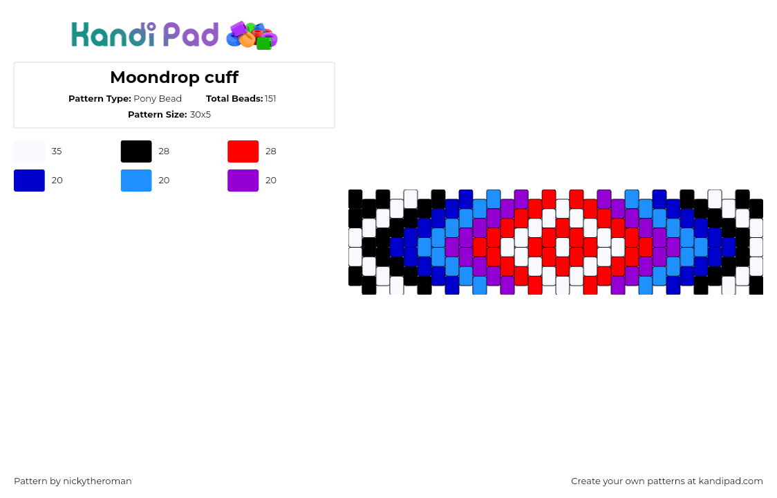 Moondrop cuff - Pony Bead Pattern by nickytheroman on Kandi Pad - moondrop,fnaf,five nights at freddys,horror,video game,cuff,bullseye,target,blue,red,white