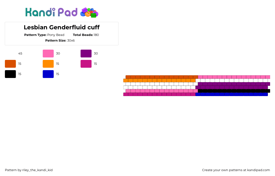 Lesbian Genderfluid cuff - Pony Bead Pattern by riley_the_kandi_kid on Kandi Pad - lesbian,genderfluid,pride,cuff,pink,orange,white,purple