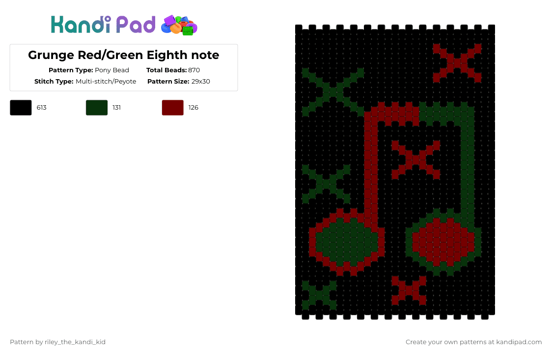 Grunge Red/Green Eighth note - Pony Bead Pattern by riley_the_kandi_kid on Kandi Pad - grunge,music,note,panel,eighth note,symbol,black,cotdgrunge
