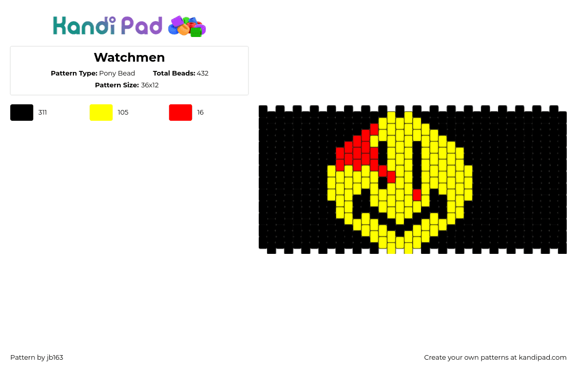 Watchmen - Pony Bead Pattern by jb163 on Kandi Pad - watchmen,smiley,logo,blood,comic,cuff,black,yellow