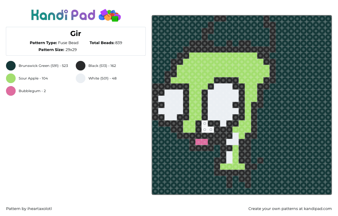 Gir - Fuse Bead Pattern by iheartaxolotl on Kandi Pad - gir,invader zim,character,cartoon,tv show,green