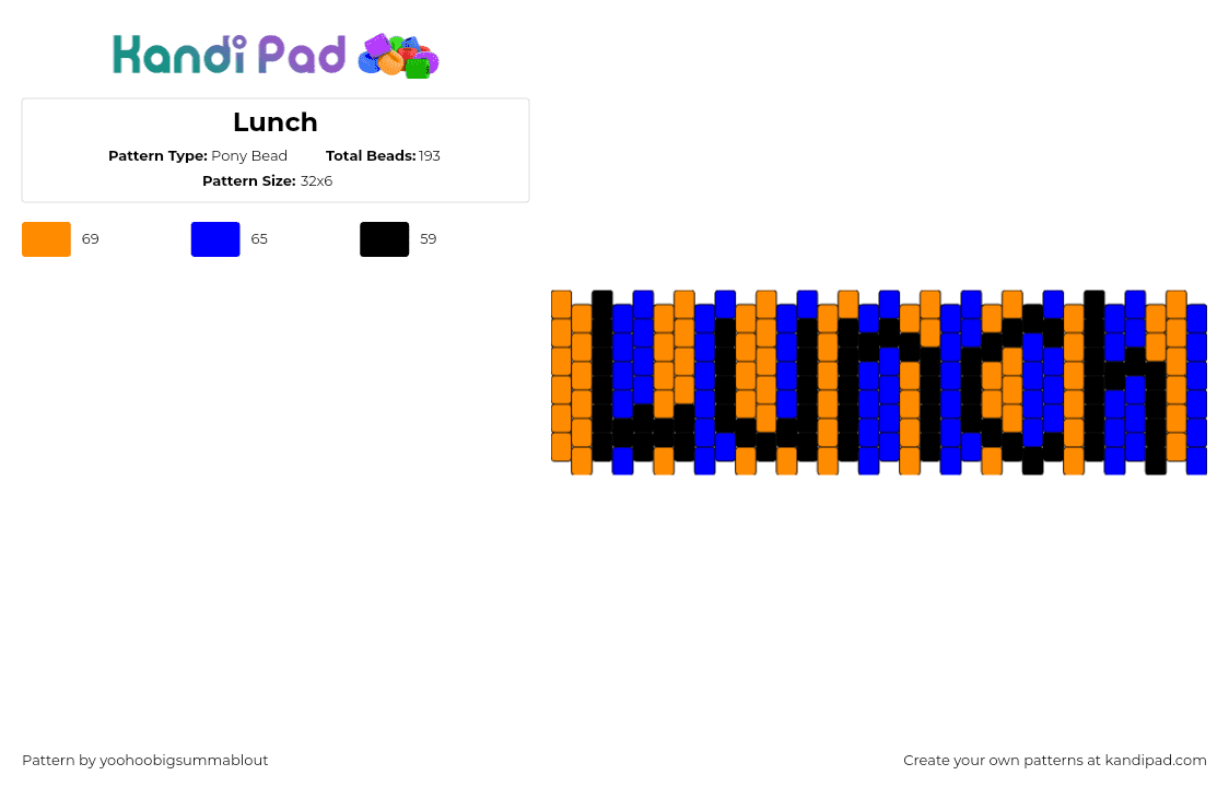 Lunch - Pony Bead Pattern by yoohoobigsummablout on Kandi Pad - lunch,text,stripes,cuff,orange,blue