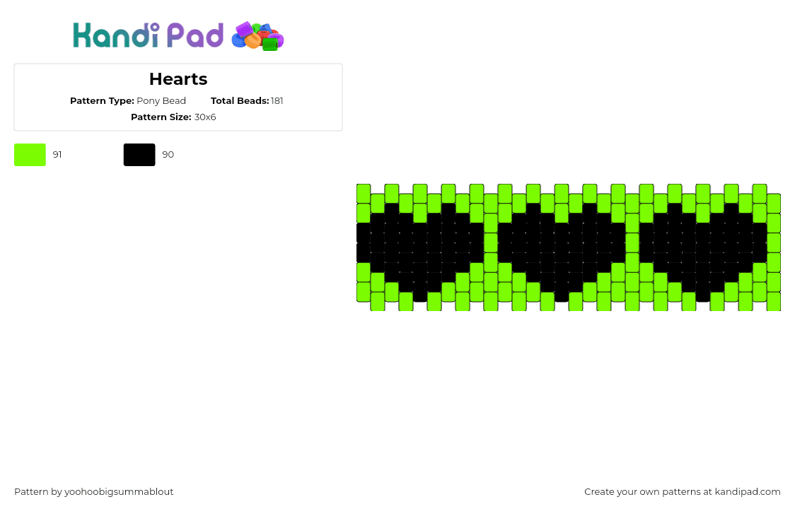 Hearts - Pony Bead Pattern by yoohoobigsummablout on Kandi Pad - hearts,repeating,neon,dark,cuff,love,black,green