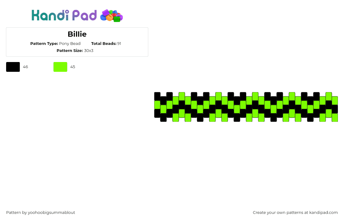 Billie - Pony Bead Pattern by yoohoobigsummablout on Kandi Pad - billie eilish,zig zag,music,bracelet,cuff,scene,emo,green,black