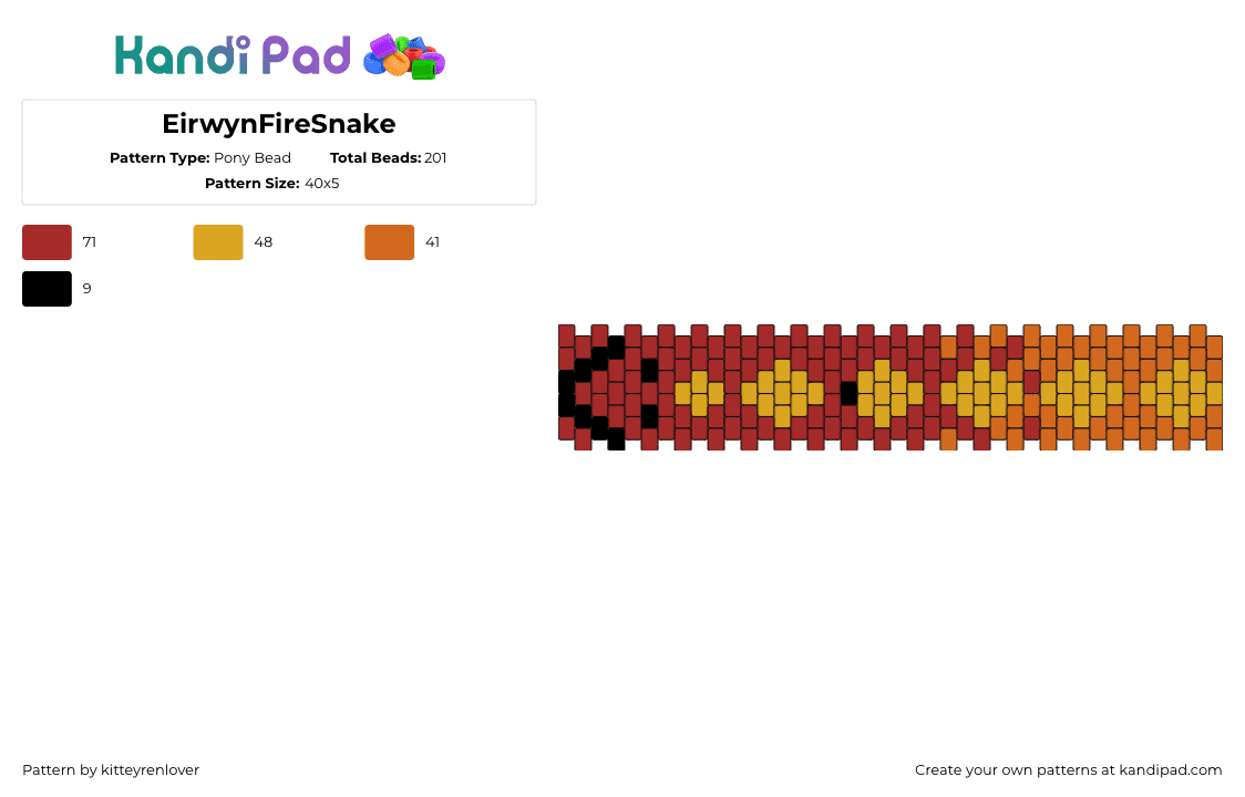 EirwynFireSnake - Pony Bead Pattern by kitteyrenlover on Kandi Pad - snake,reptile,fiery,diamonds,bracelet,cuff,red,orange