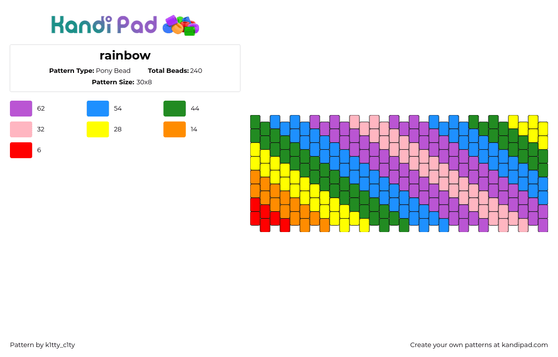 rainbow - Pony Bead Pattern by k1tty_c1ty on Kandi Pad - diagonal,stripes,rainbow,colorful,cuff,pink,purple,green,blue