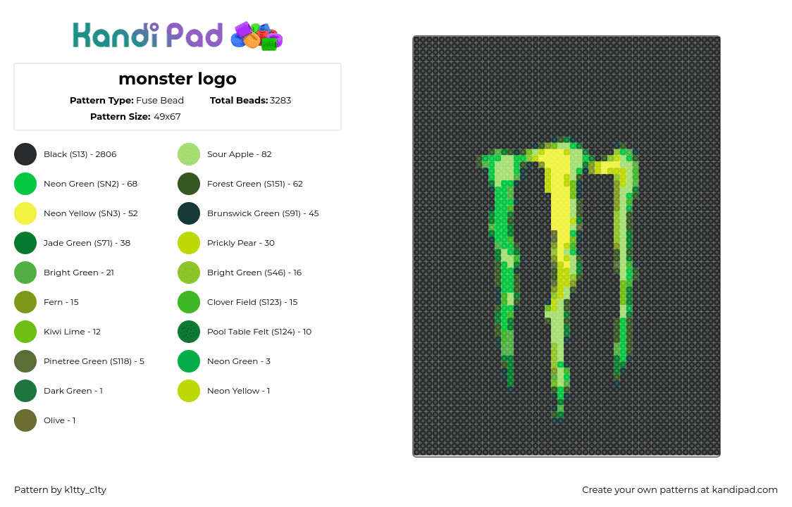 monster logo - Fuse Bead Pattern by k1tty_c1ty on Kandi Pad - moster,energy,logo,drink,panel,black,green