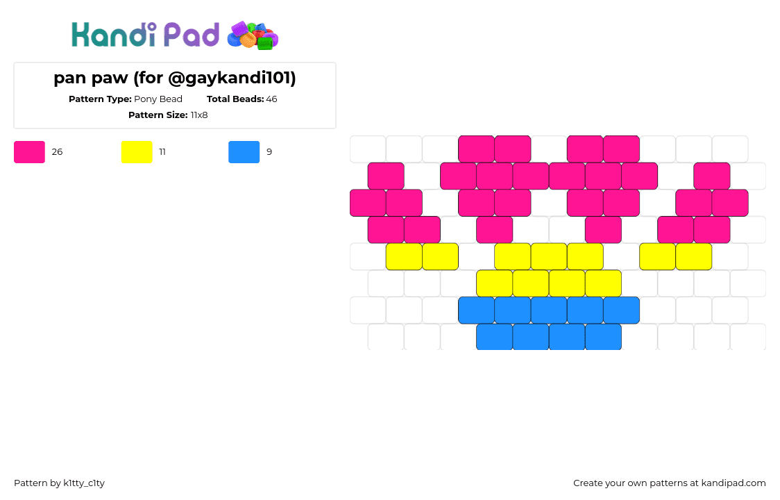 pan paw (for @gaykandi101) - Pony Bead Pattern by k1tty_c1ty on Kandi Pad - pansexual,paw,pride,pink,yellow,blue