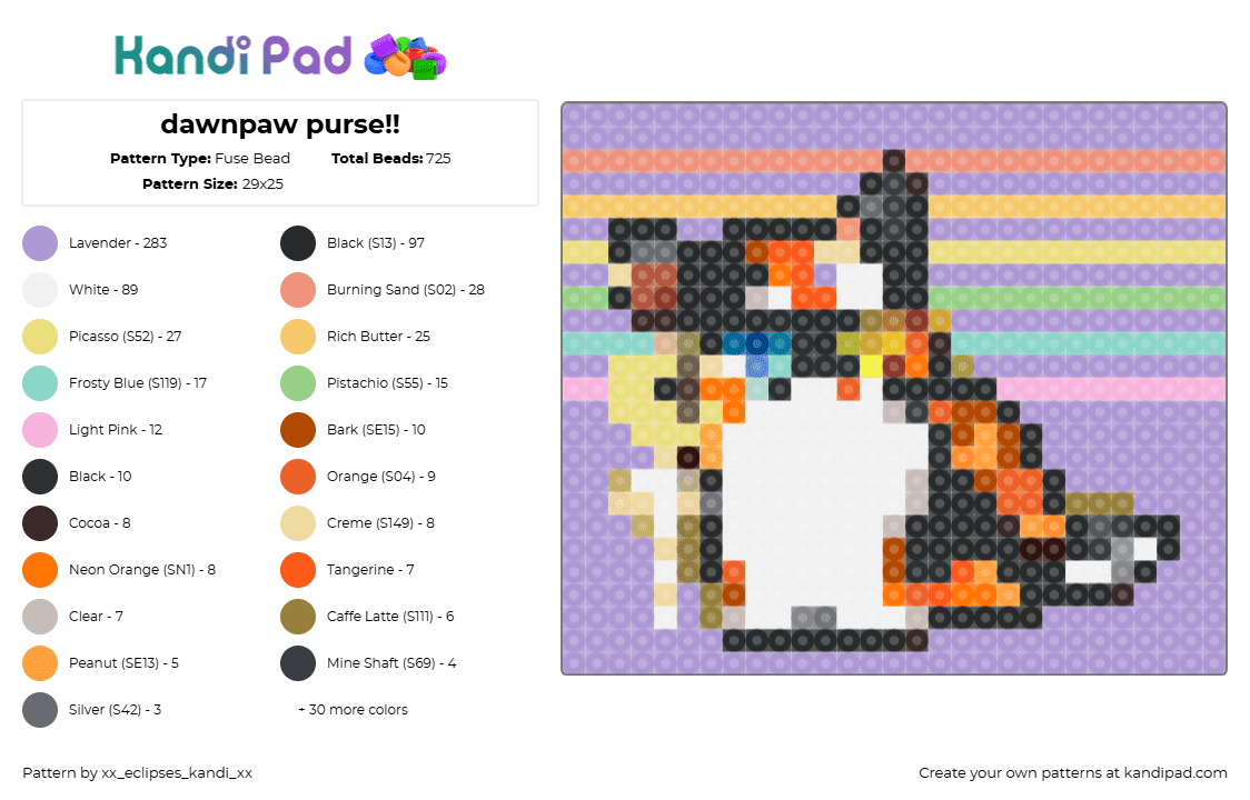 dawnpaw purse!! - Fuse Bead Pattern by xx_eclipses_kandi_xx on Kandi Pad - dawnpaw,warrior cats,panel,bag,purple,white,orange