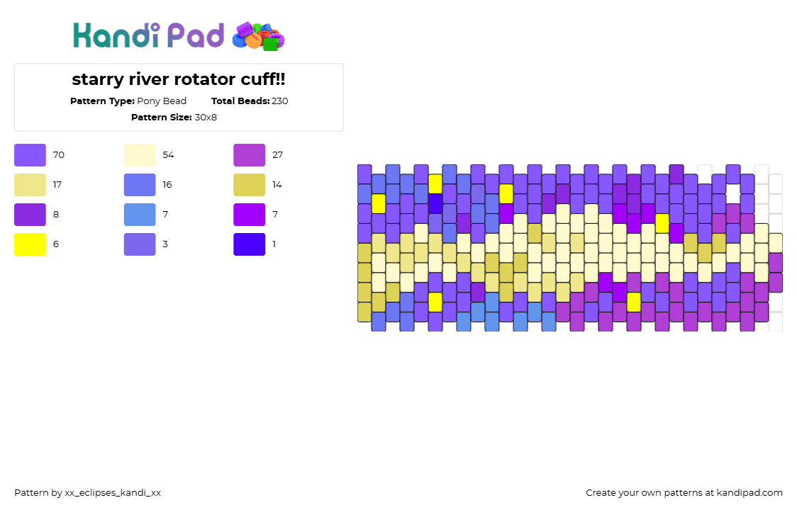 starry river rotator cuff!! - Pony Bead Pattern by xx_eclipses_kandi_xx on Kandi Pad - starry river,celestial,space,galaxy,cuff,purple,yellow