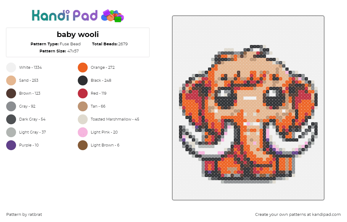 baby wooli - Fuse Bead Pattern by ratbrat on Kandi Pad - wooli,mammoth,cute,chibi,dj,music,edm,tan,orange