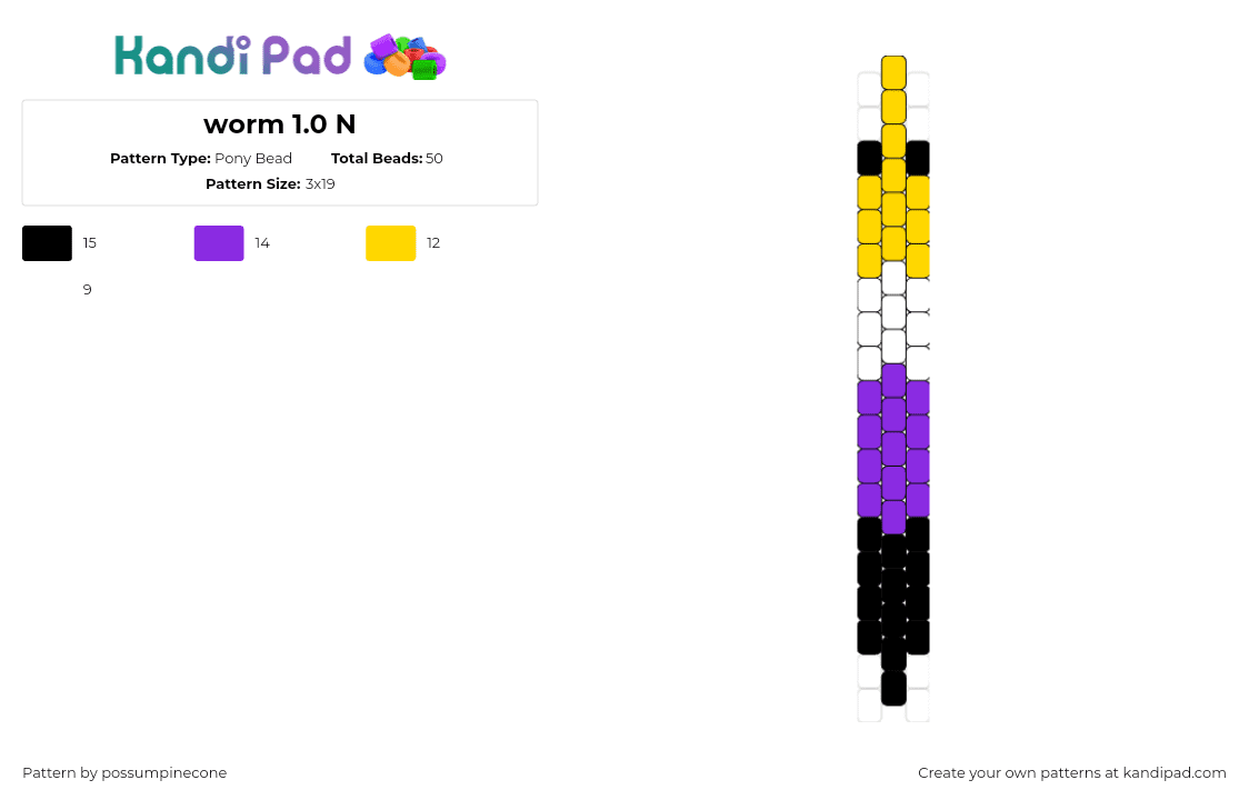 worm 1.0 N - Pony Bead Pattern by possumpinecone on Kandi Pad - squirmle,nonbinary,worm,pride,yellow,purple,black