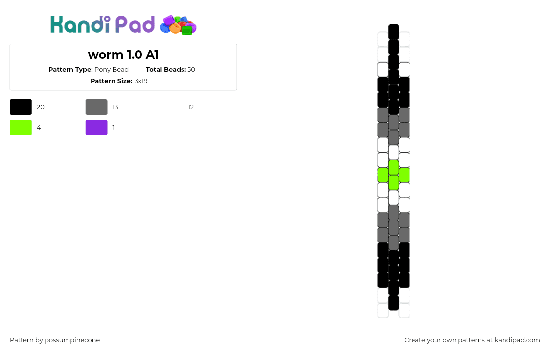 worm 1.0 A1 - Pony Bead Pattern by possumpinecone on Kandi Pad - squirmle,asexual,worm,pride,black,gray,white,green