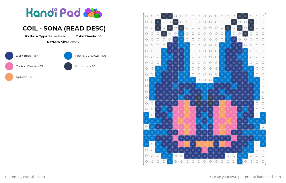 COIL - SONA (READ DESC) - Fuse Bead Pattern by escapistsoup on Kandi Pad - blue,sona,fursona,furry,cat,headshot,head