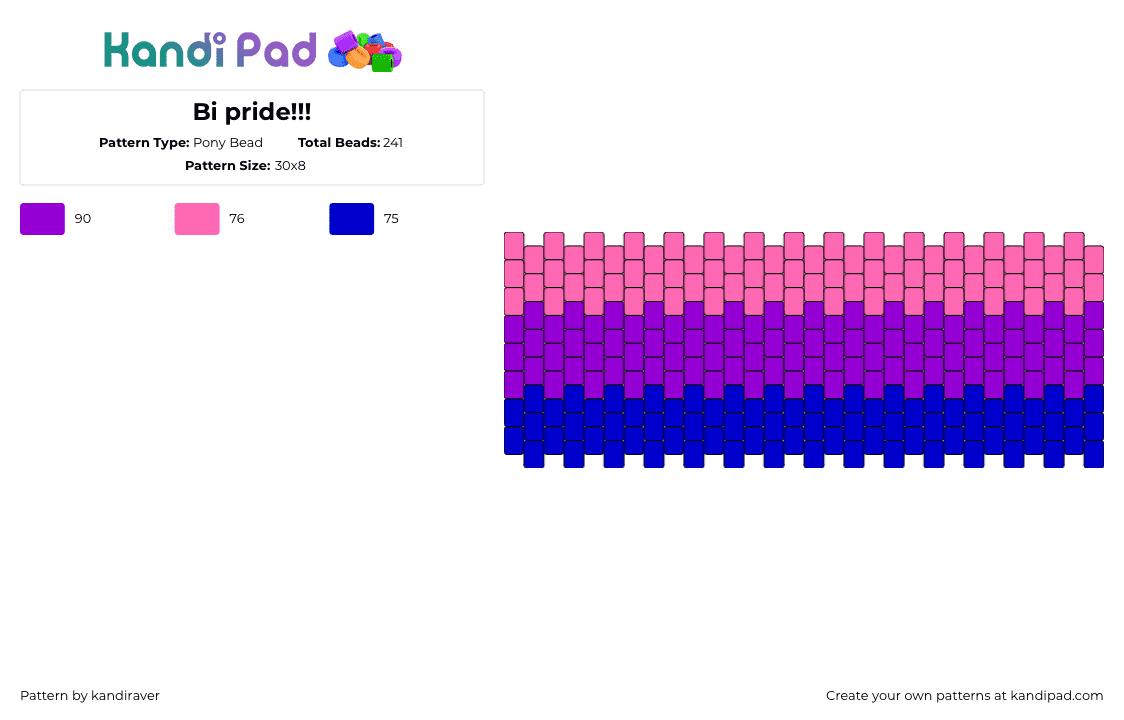 Bi pride!!! - Pony Bead Pattern by kandiraver on Kandi Pad - bisexual,pride,stripes,cuff,pink,purple,blue