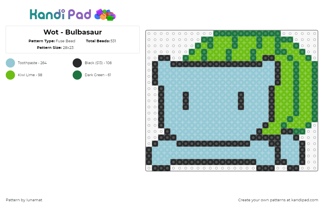 Wot - Bulbasaur - Fuse Bead Pattern by lunamat on Kandi Pad - bulbasaur,pokemon,derpy,watermelon,simple,gaming,light blue,green