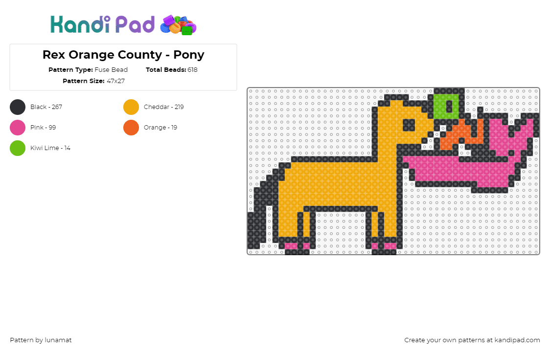 Rex Orange County - Pony - Fuse Bead Pattern by lunamat on Kandi Pad - pony,rex orange county,colorful,album,music,horse,orange,yellow,green,pink